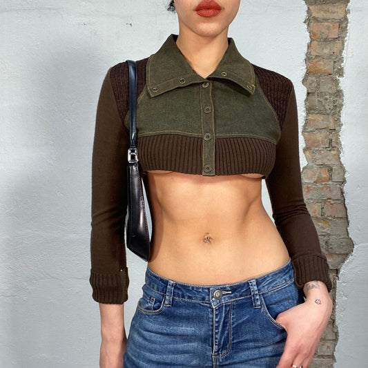 Vintage 2000's Grunge Brown Knit and Khaki Denim Ultra Cropped Jacket Top (S)