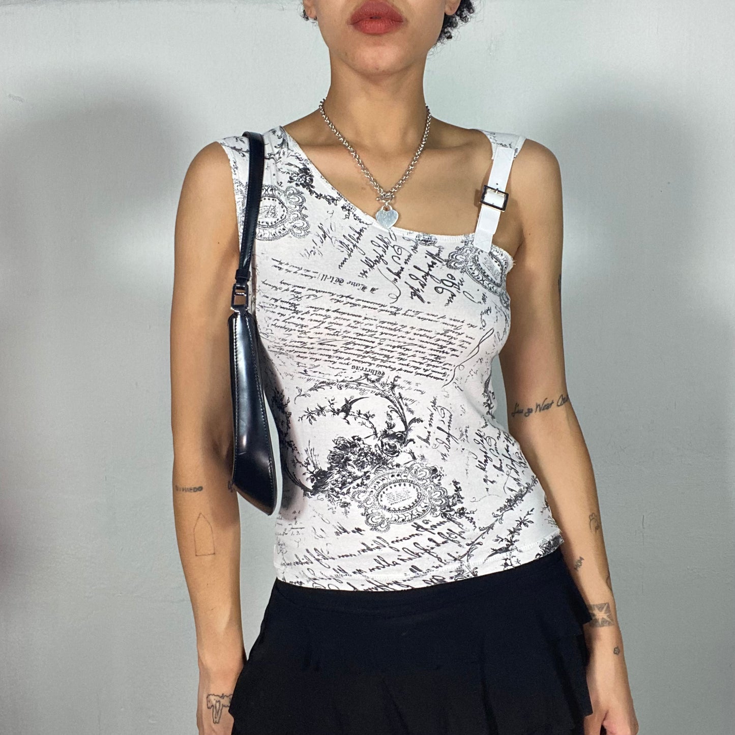 Vintage 2000's Streetstyle White One Shoulder Top with Black Writing Print (S)