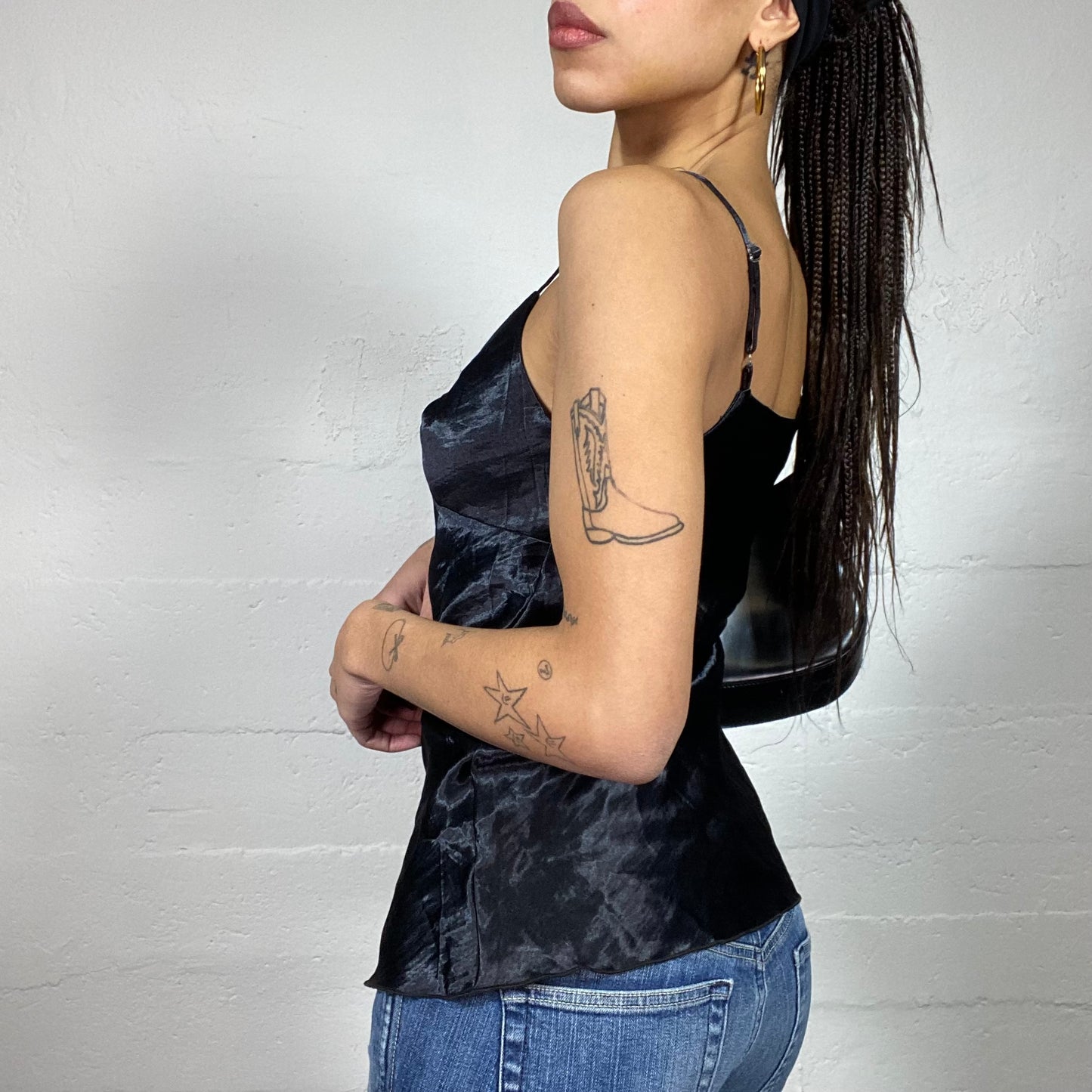 Vintage 2000's Clubwear Black Satin Top with Decorative Chiffon Work Detail (M)