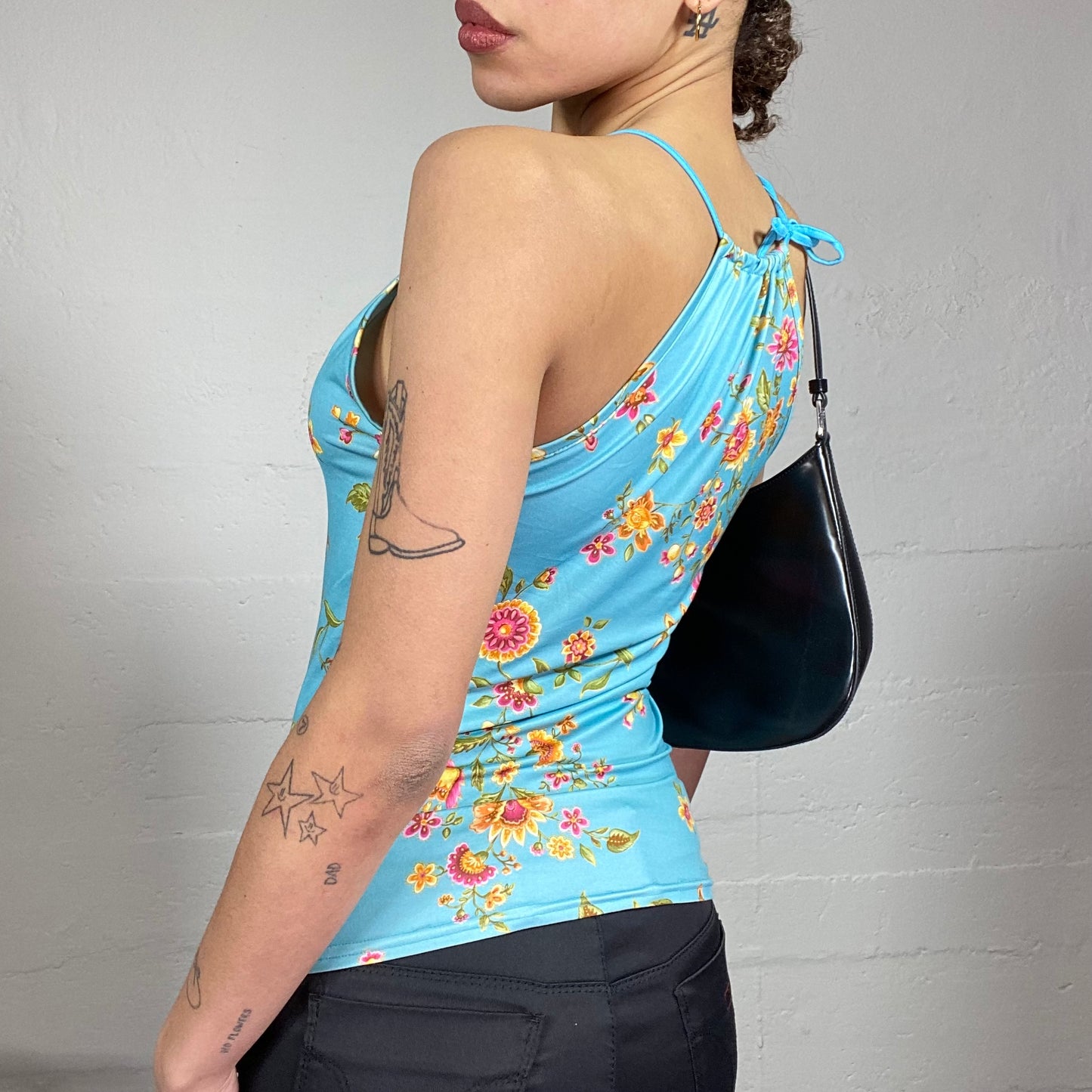 Vintage 2000's Totally Spies Aqua Blue Open Neck Top with Floral Print (S/M)