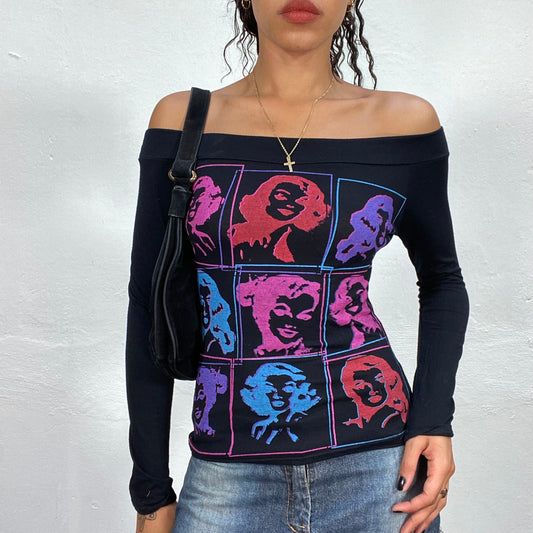 Vintage 90's Girl-Pop Black Open Shoulder Longsleeve Top with Neon Colors Face Print (S)