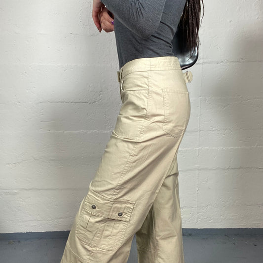 Vintage 2000's Sporty Beige Mid Waist Straight Pants with Pockets Detail (S)