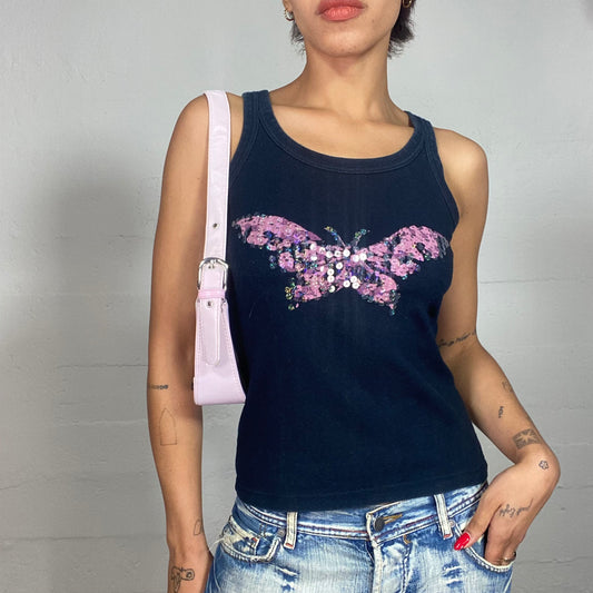 Vintage 2000's Soft Girl Black Top with Pink Butterfly Sequin Print (S)