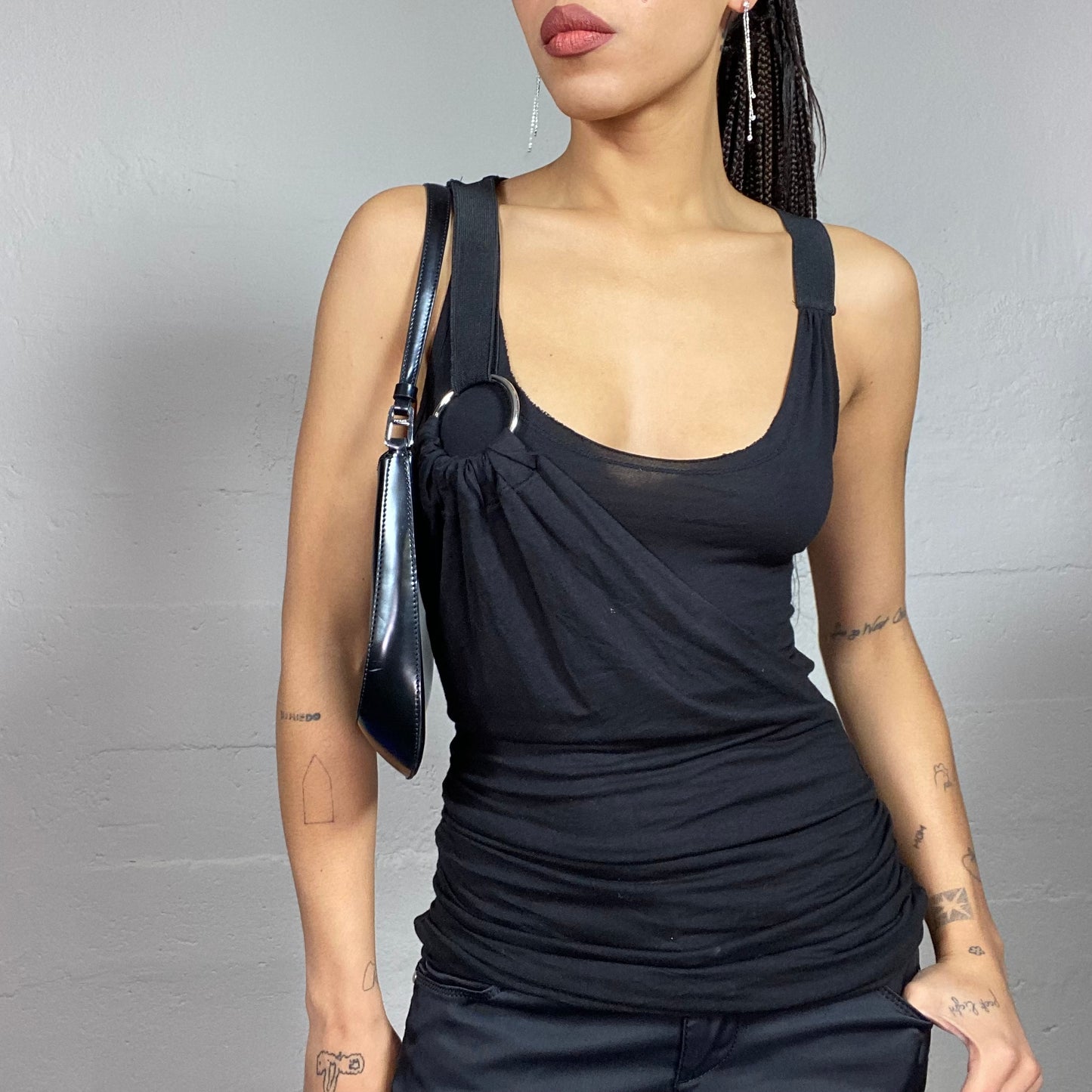 Vintage 2000's Clubwear Black One Shoulder Top with Silver Strap Ring Detail (S)