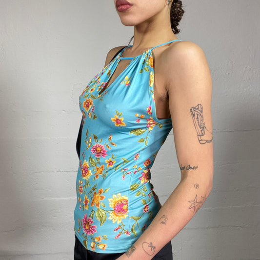 Vintage 2000's Totally Spies Aqua Blue Open Neck Top with Floral Print (S/M)