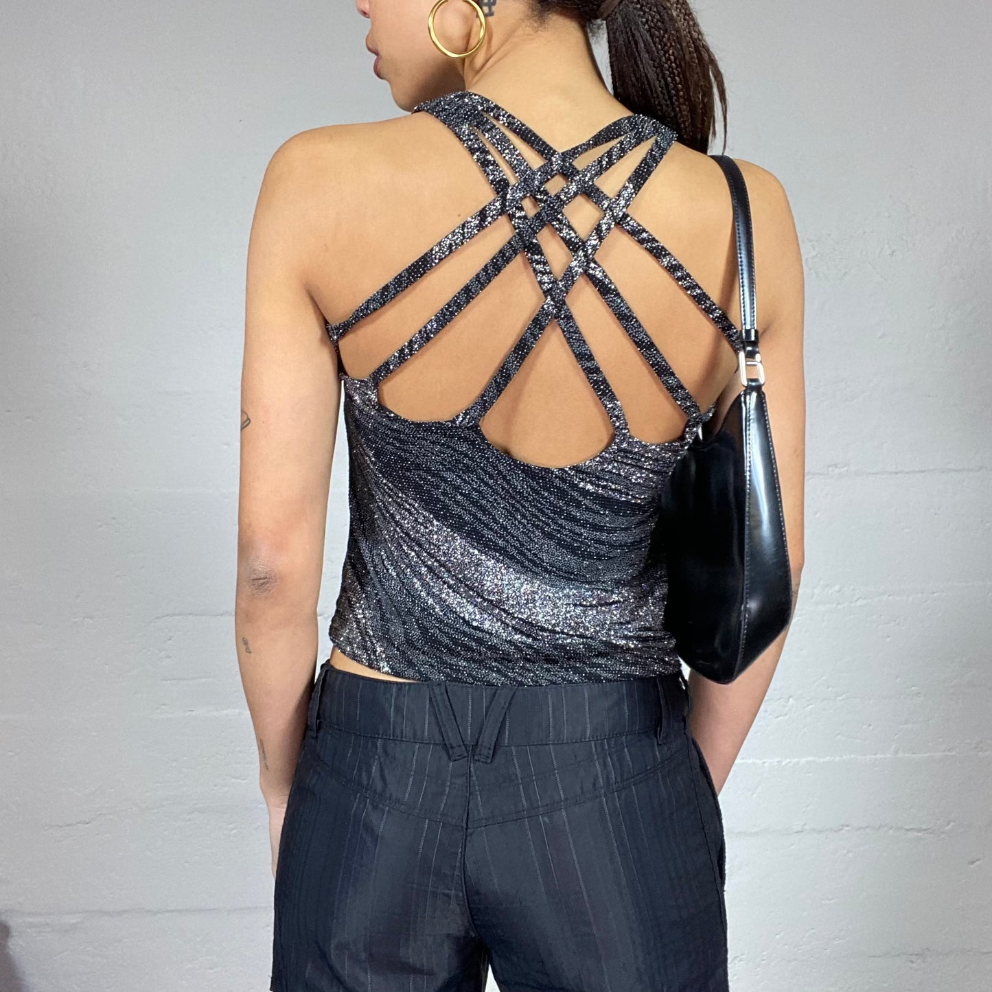 Vintage 2000's Clubwear Black Neckholder Top with Zebra Glitter Print (S)