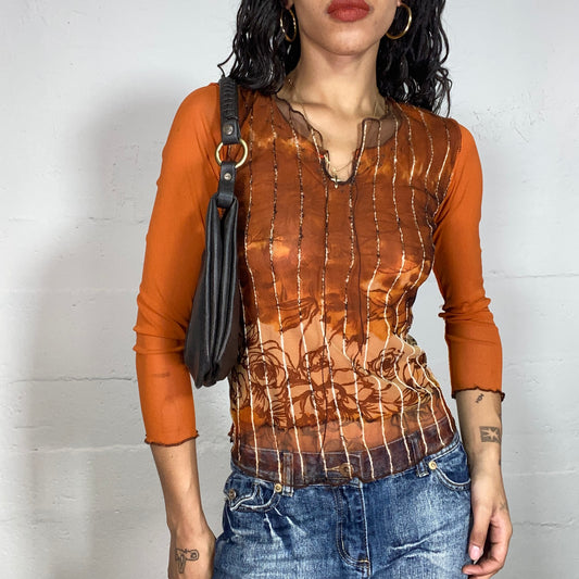 Vintage 2000's Boho Orange 3/4 Sleeve Stripped Mesh Top with Brown Flower Print (S)