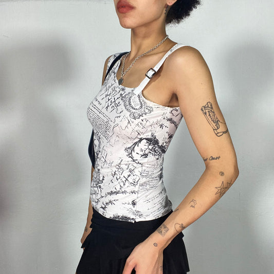 Vintage 2000's Streetstyle White One Shoulder Top with Black Writing Print (S)