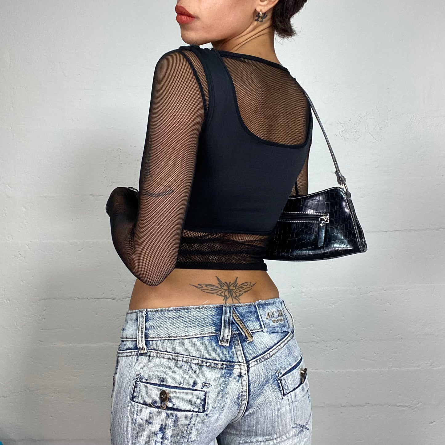 Vintage 2000's Rave Black Longsleeve Top with Fishnet Material