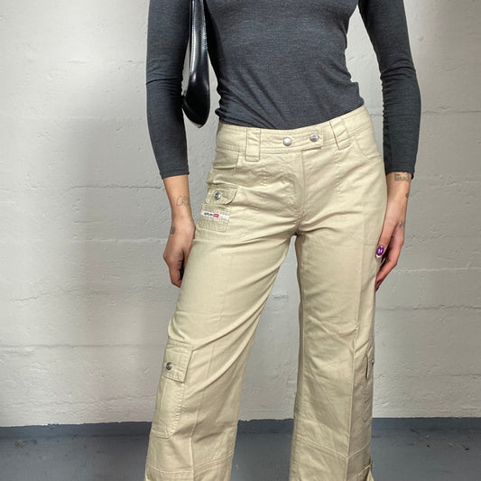 Vintage 2000's Sporty Beige Mid Waist Straight Pants with Pockets Detail (S)