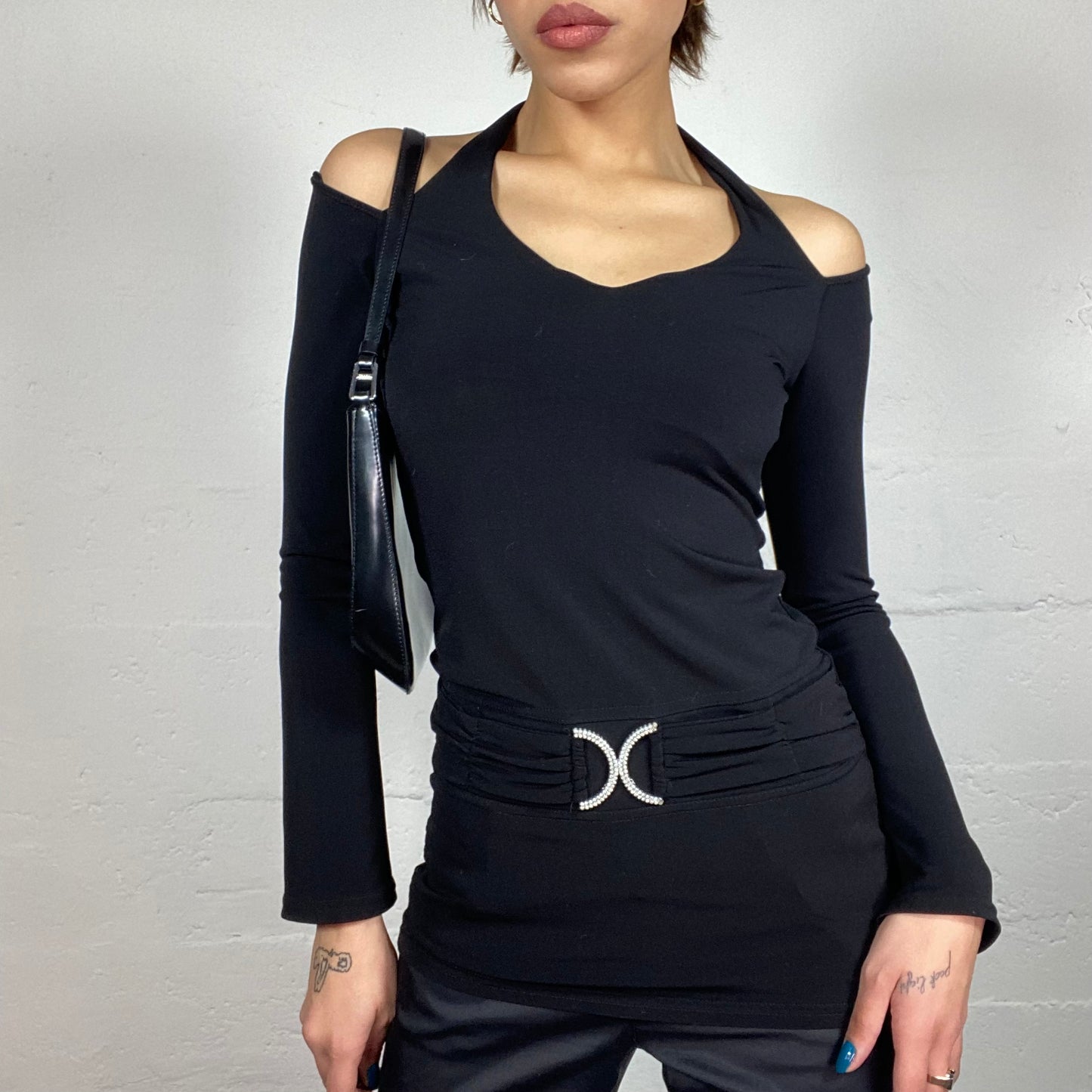 Vintage 2000's Clubwear Black Neckholder Longsleeve Top with Strass Belt Detail (S)