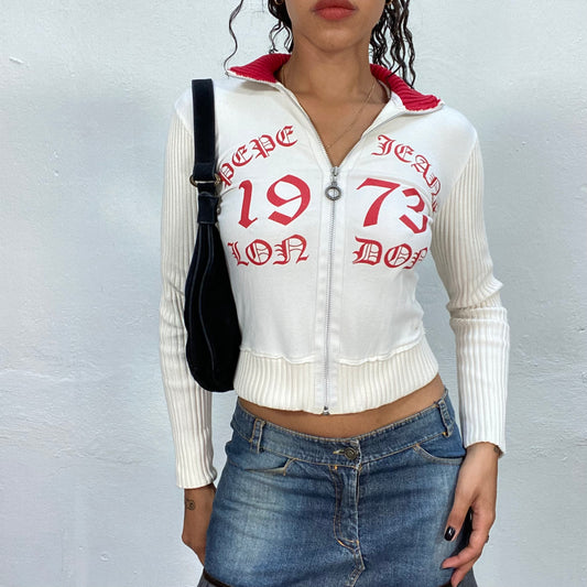 Vintage 2000's Pepe Jeans White Zip Up Sweater with Red Gothic Typography (XS/S)