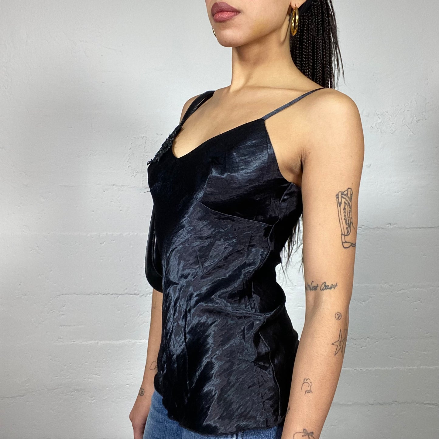 Vintage 2000's Clubwear Black Satin Top with Decorative Chiffon Work Detail (M)