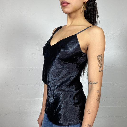 Vintage 2000's Clubwear Black Satin Top with Decorative Chiffon Work Detail (M)
