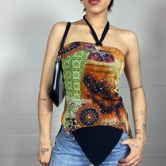 Vintage 90's Hippie Black Neckholder Top with Glitter andf Ethnic Print Detail (S)