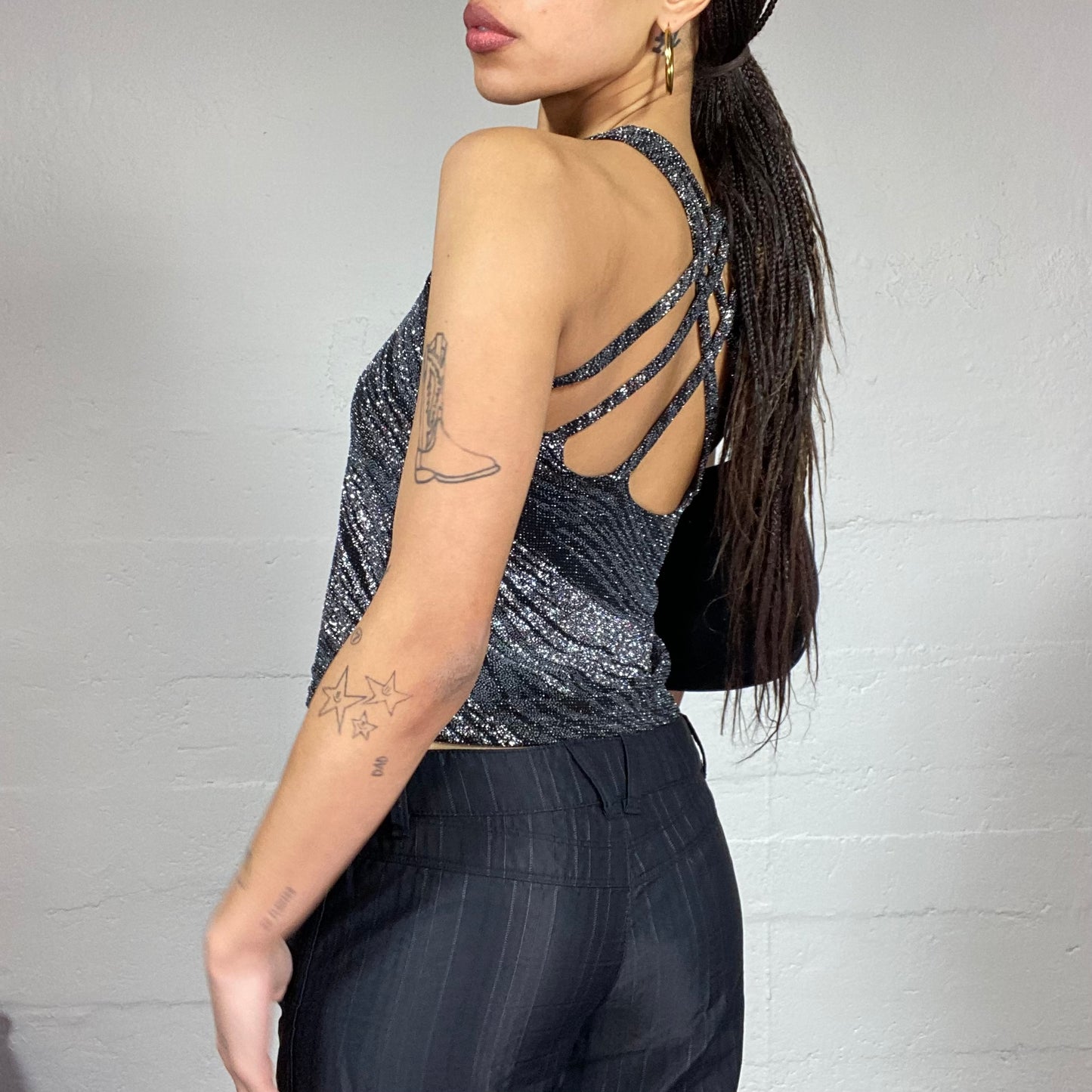 Vintage 2000's Clubwear Black Neckholder Top with Zebra Glitter Print (S)