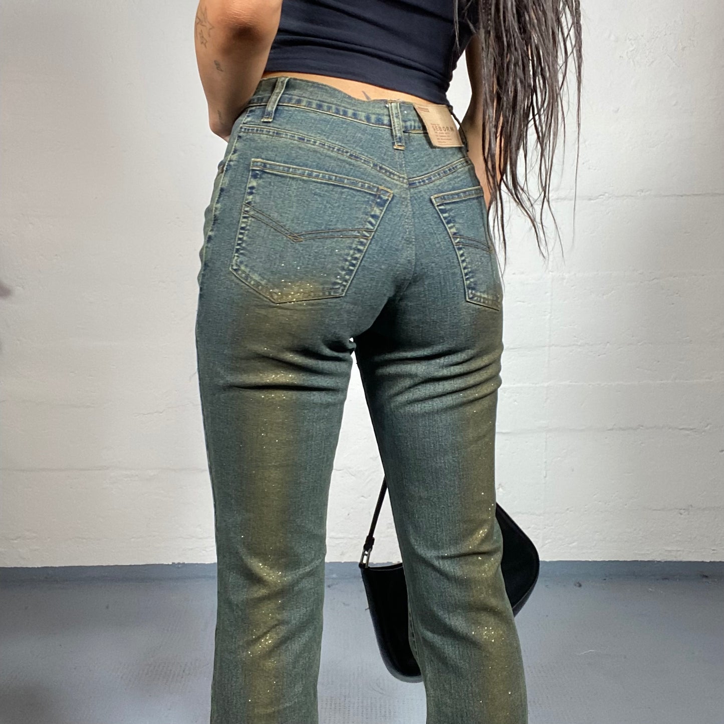 Vintage 2000's Spice Girls Dark High Waist Pants with Golden Ombré Glitter Detail (S)