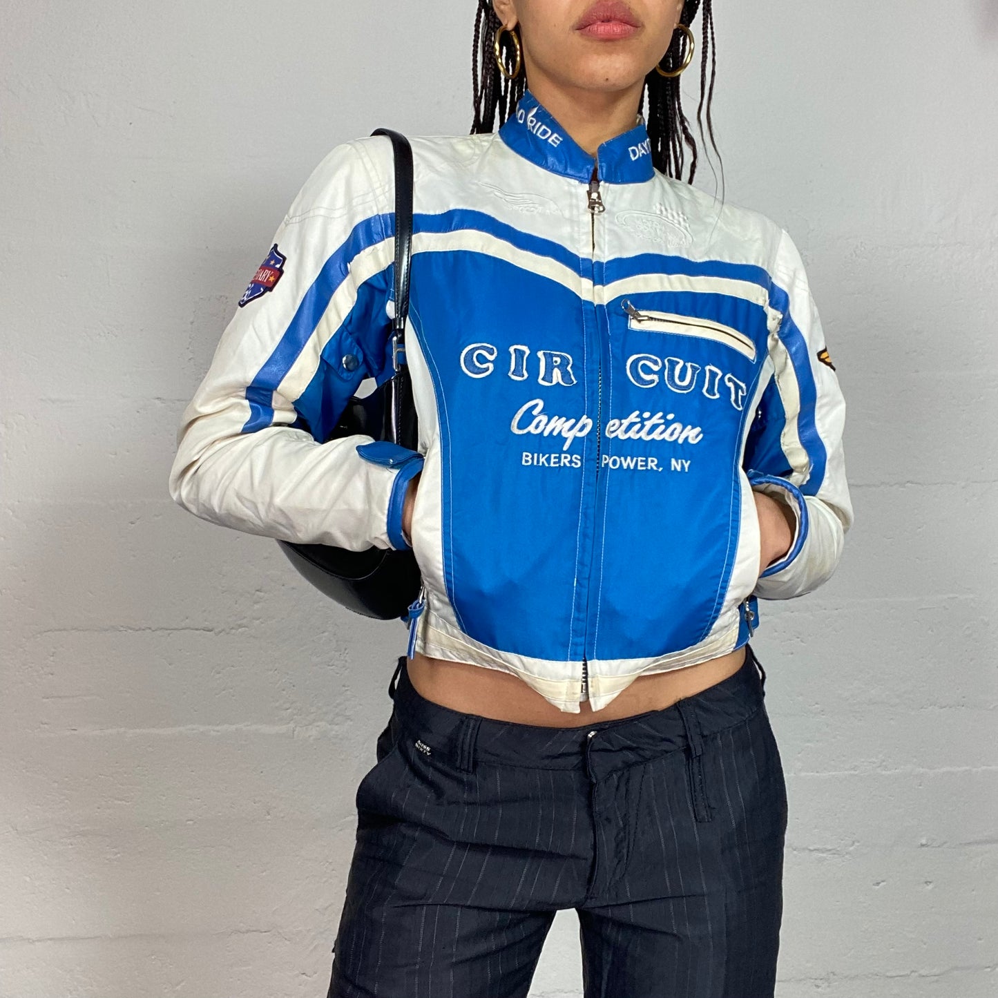 Vintage 2000's Sporty White and Blue Leather Short Racer Jacket with "Circuit Competition" and Patches Details (S)