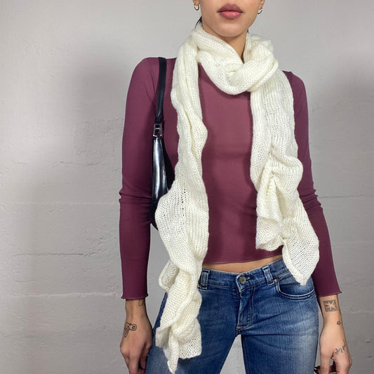 Vintage 2000's White Knit Skinny Frilled Scarf