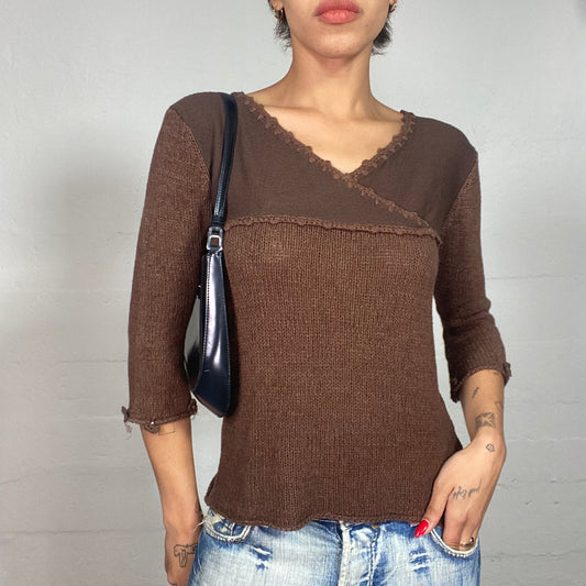 Vintage 90's Fairy Brown Knitted Top with Crossed Chest Detail (S/M)