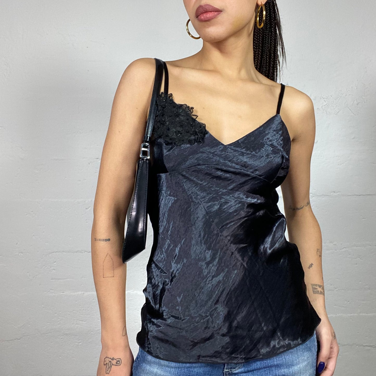 Vintage 2000's Clubwear Black Satin Top with Decorative Chiffon Work Detail (M)
