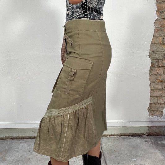 Vintage 90's Downtown Girl Khaki Cargo Skirt with Striped Details and Crochet Ribbon (S)