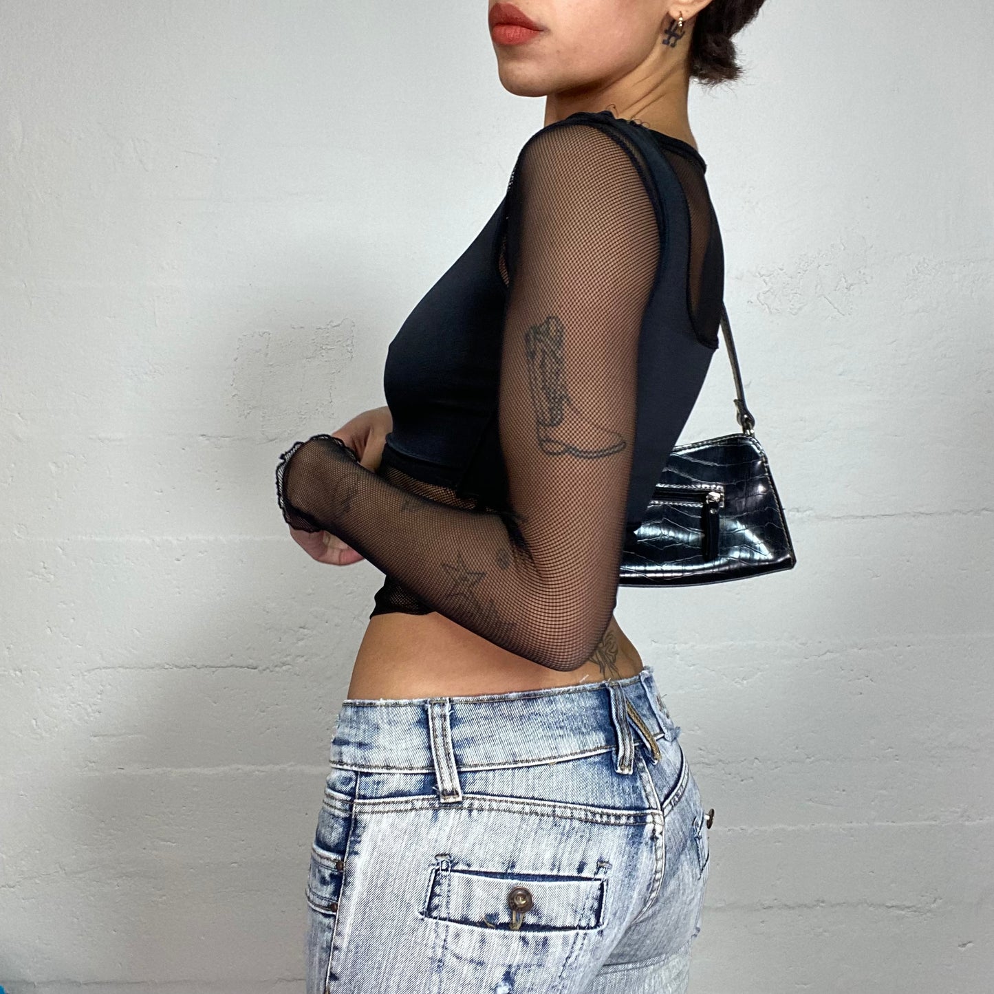 Vintage 2000's Rave Black Longsleeve Top with Fishnet Material