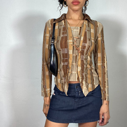 Vintage 2000's Western Brown Lace Up Blouse with Striped Print (S/M)