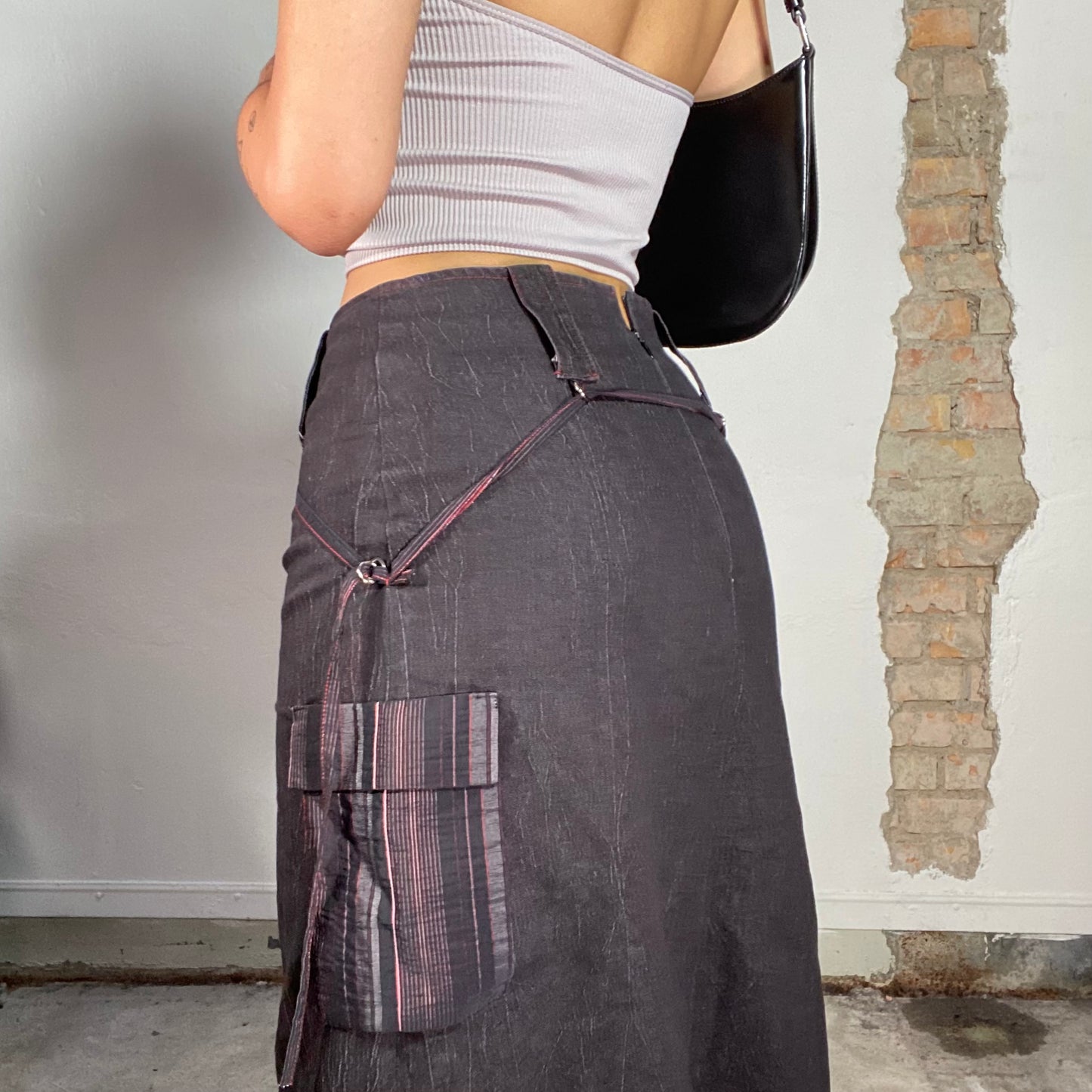 Vintage 2000's Cyber Black Denim Maxi Cargo Skirt with Red Stitching (S)