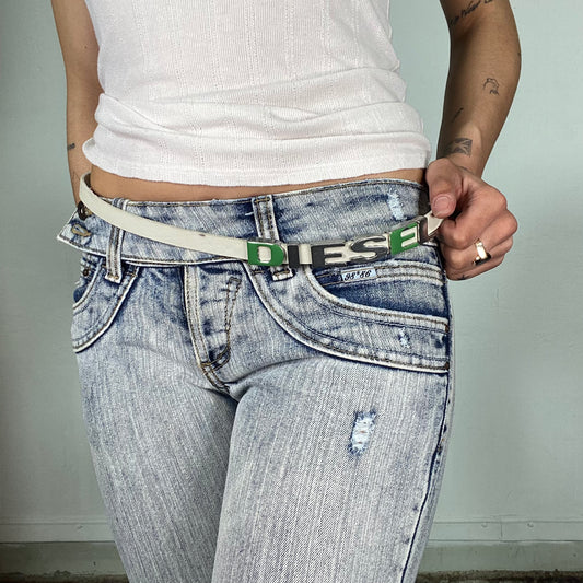 Vintage 2000's Diesel White Thin Belt with Silver 'Diesel' Letter Hardware