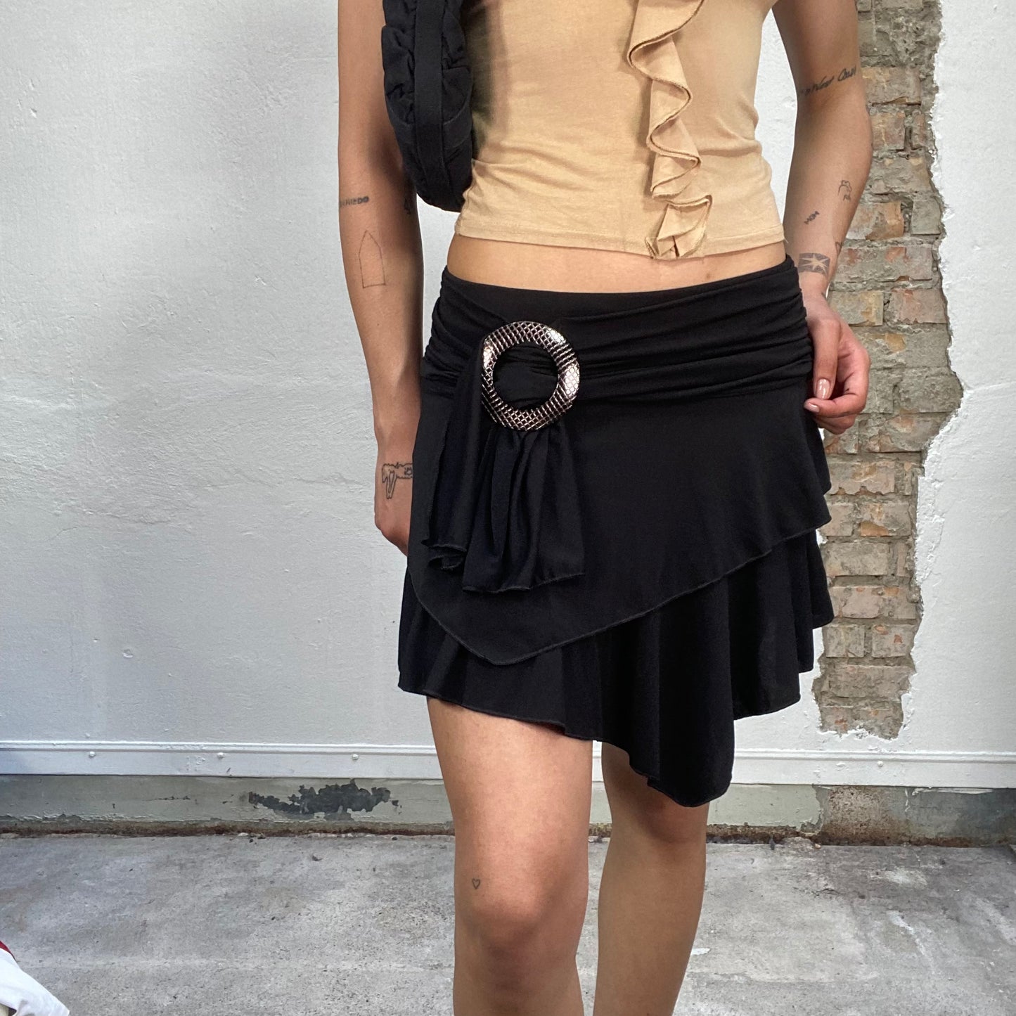 Vintage 2000's Sleaze Black Mini Skirt with Big Ring Waist Detail (S)