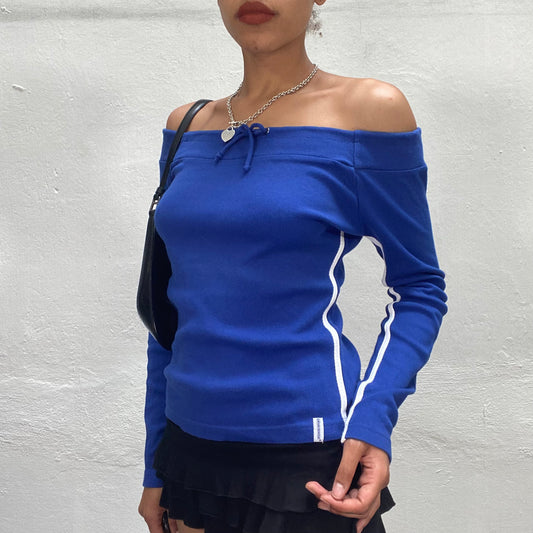 Vintage 90's Sporty Girl Blue Off Shoulder Longsleeve Top with White Stripes on the Side (M)