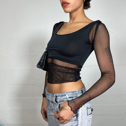 Vintage 2000's Rave Black Longsleeve Top with Fishnet Material