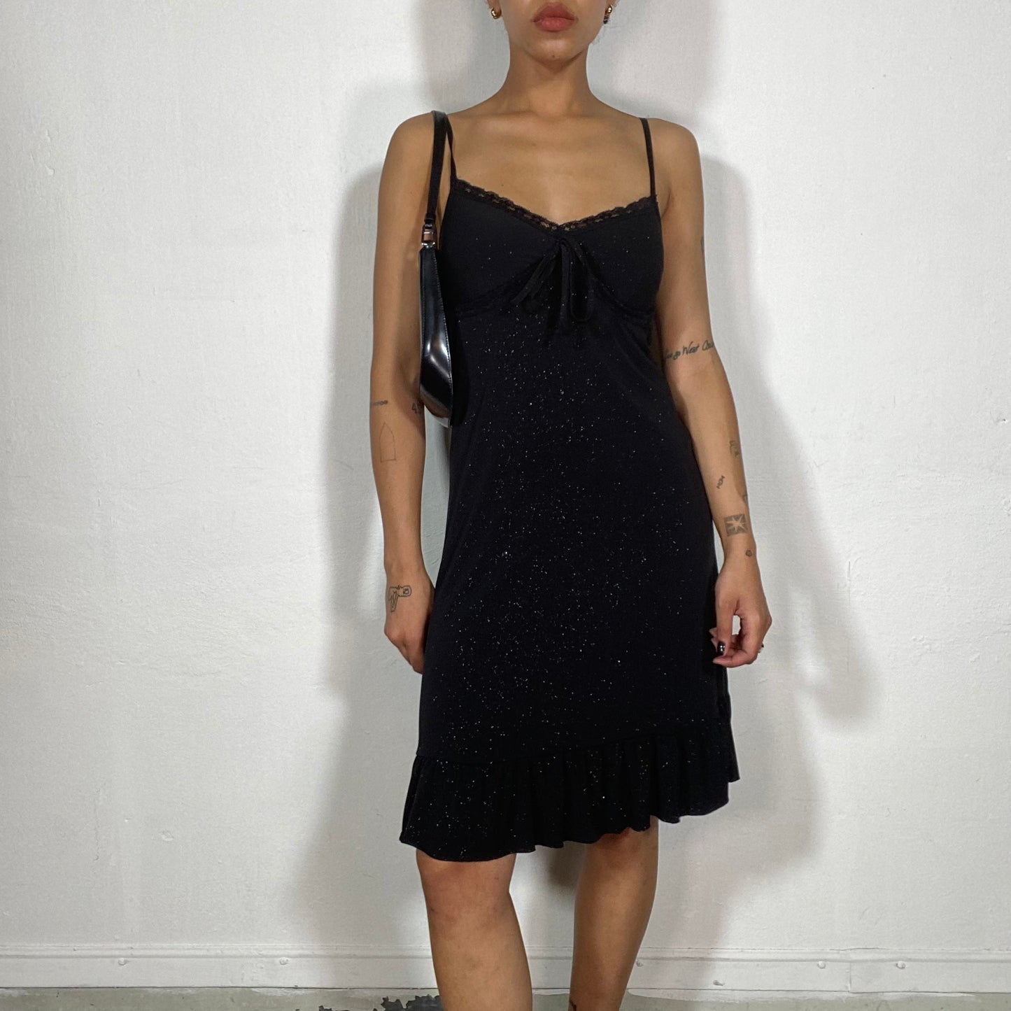 Vintage 2000's Festive Black Golden Glitter Midi Dress with Lace Neckline Trim (S/M)