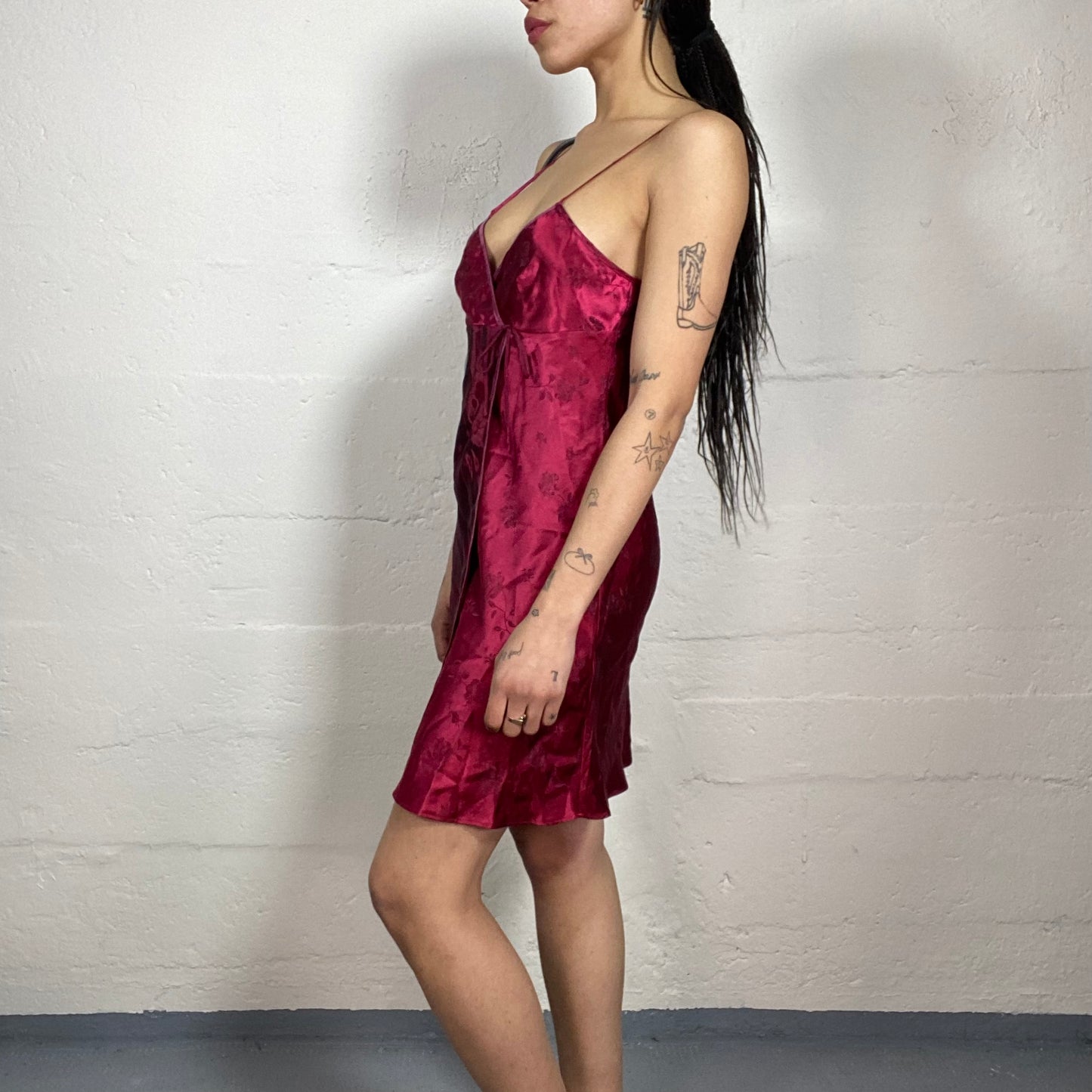 Vintage 90's Vamp Red Satin Mini Dress with Wrapped Cut (M)