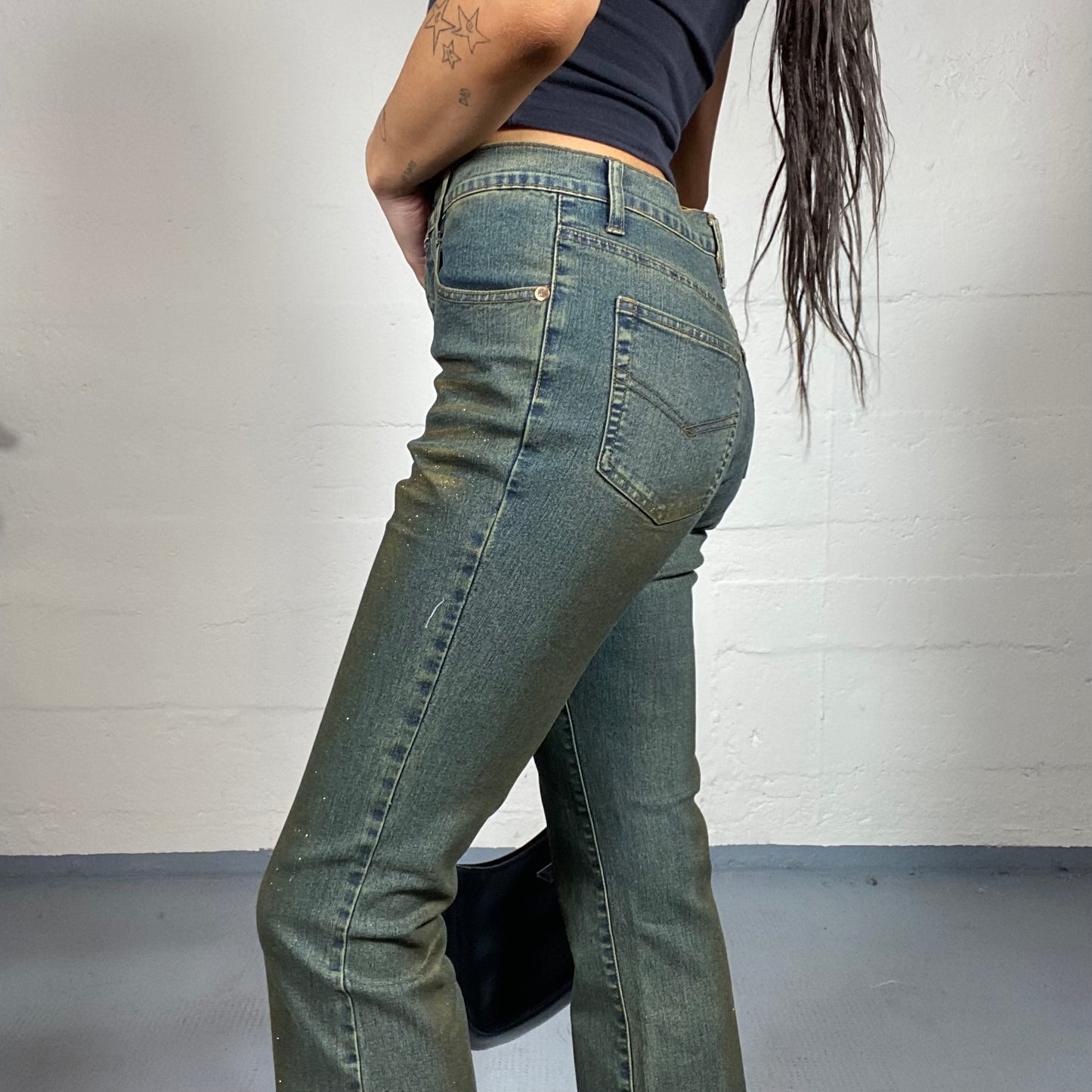 Vintage 2000's Spice Girls Dark High Waist Pants with Golden Ombré Glitter Detail (S)