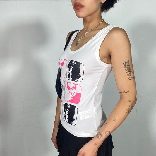 Vintage 2000's Funky White Tank Top with Black and Pink Face Prints (S)