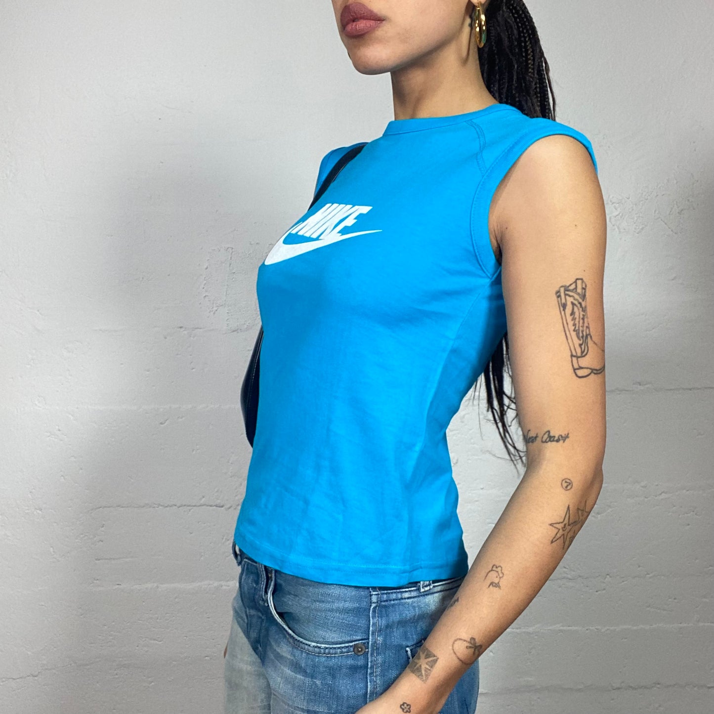 Vintage 90's Nike Sporty Girl Aqua Blue Shirt with White Brand Print (S)