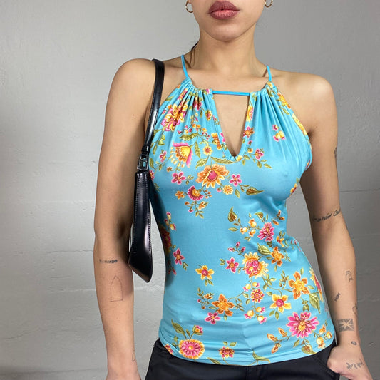 Vintage 2000's Totally Spies Aqua Blue Open Neck Top with Floral Print (S/M)
