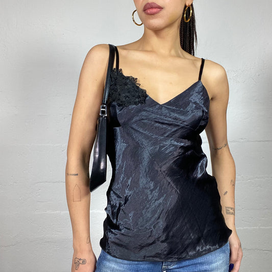 Vintage 2000's Clubwear Black Satin Top with Decorative Chiffon Work Detail (M)