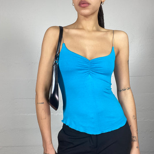 Vintage 2000's Downtown Girl Aqua Blue Top with Ruched Neckline Detail (S)