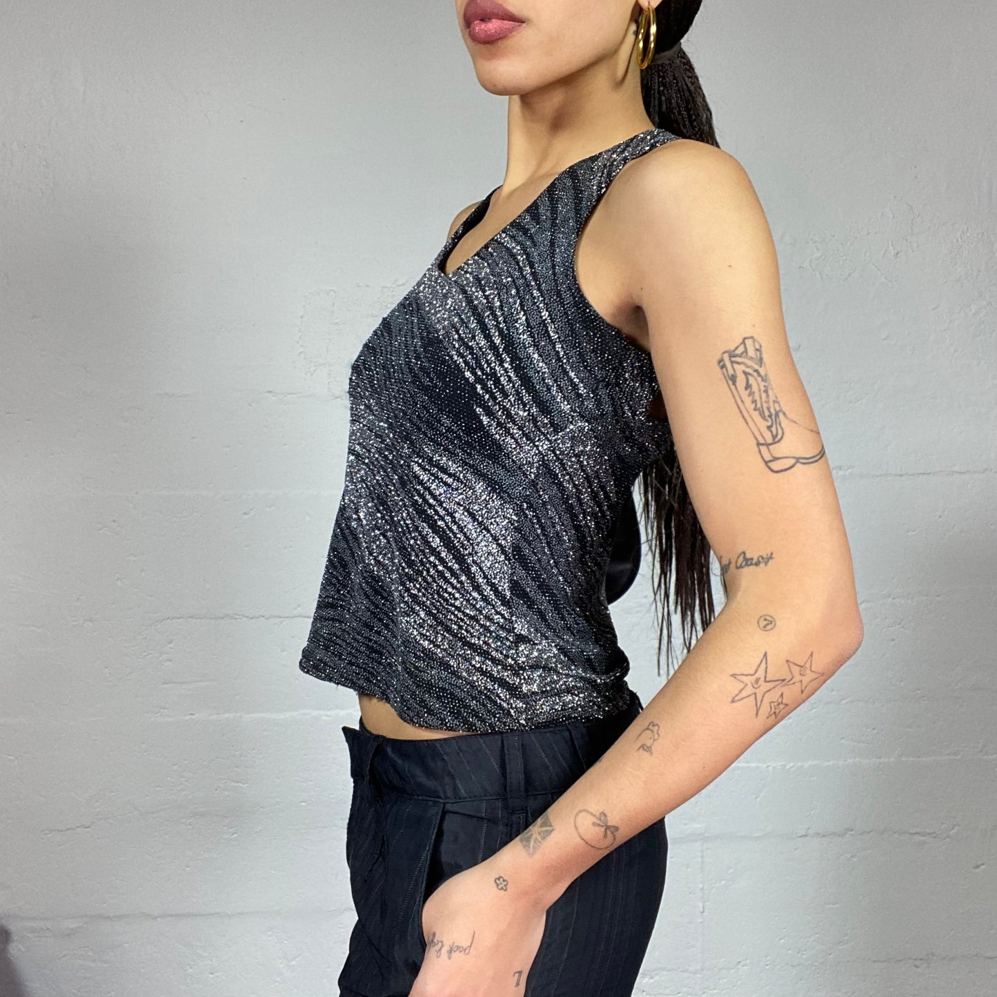 Vintage 2000's Clubwear Black Neckholder Top with Zebra Glitter Print (S)