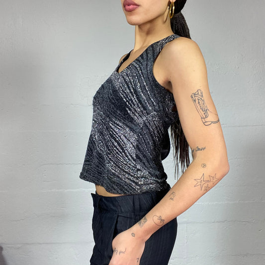 Vintage 2000's Clubwear Black Neckholder Top with Zebra Glitter Print (S)