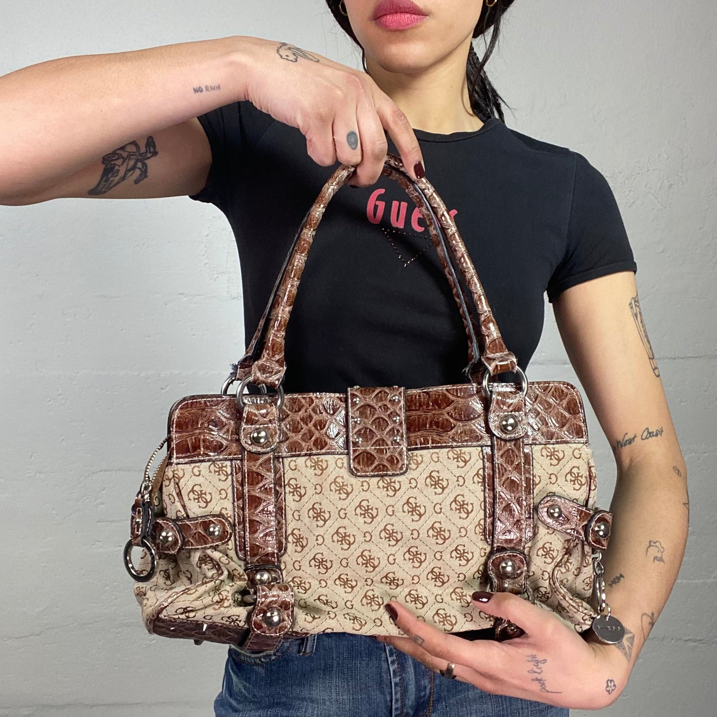 Vintage 2000's Archive Guess Brown Shoulder Bag with Monogram Print