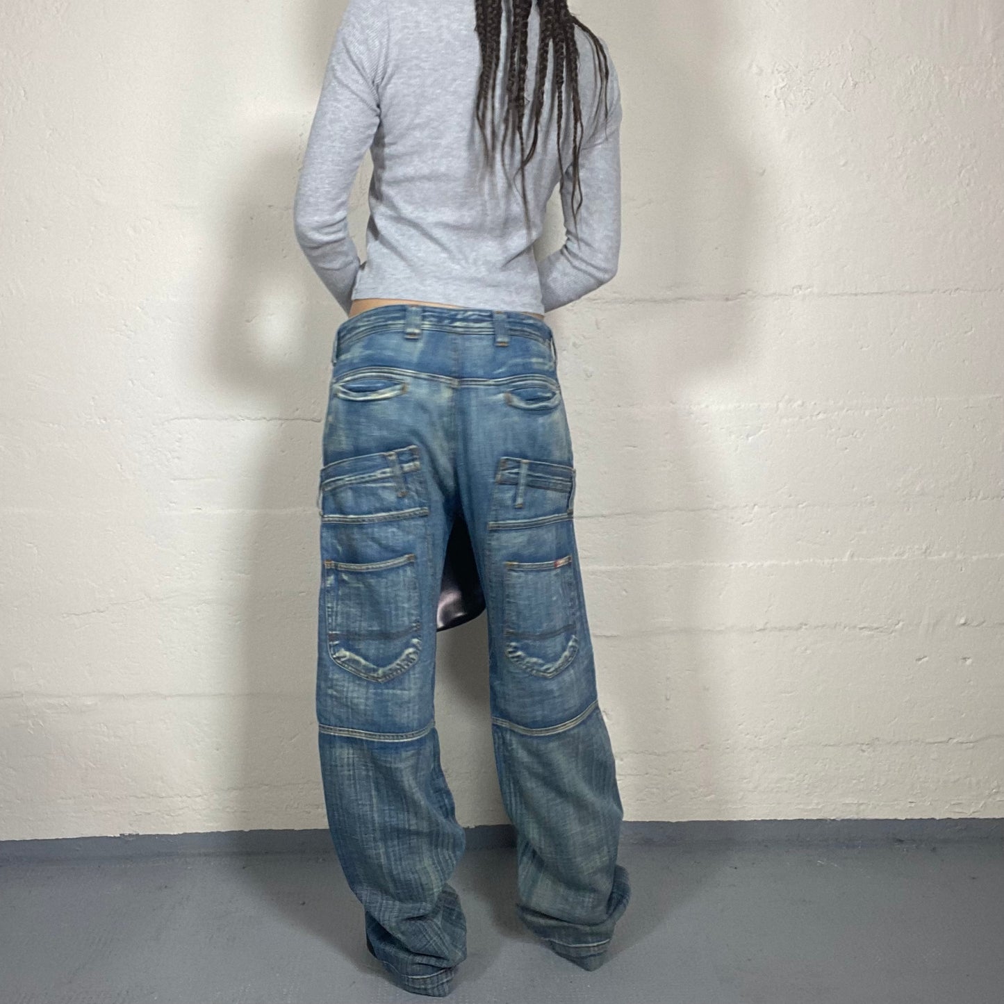 Vintage 90s Rave Girl Denim Cargo Oversize Pants with Big Pockets Detail (M)