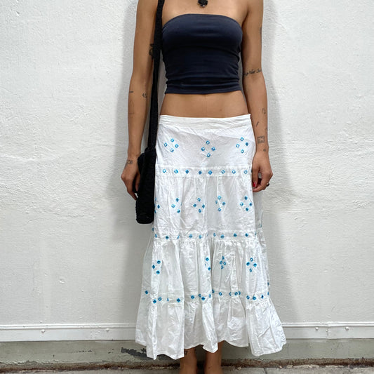 Vintage 2000's Hippie White Maxi Skirt with Blue Square and Reflecting Sequins Details (S/M)