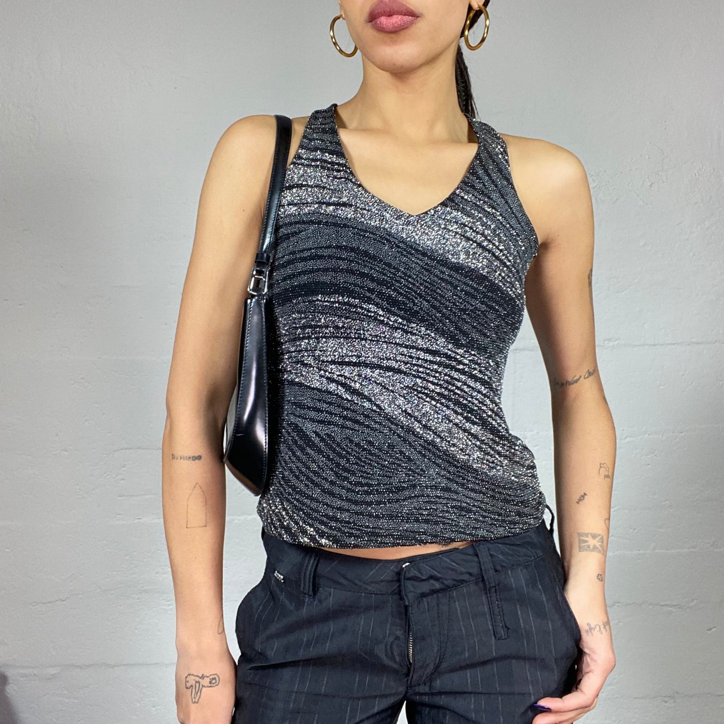 Vintage 2000's Clubwear Black Neckholder Top with Zebra Glitter Print (S)