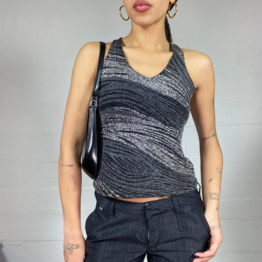 Vintage 2000's Clubwear Black Neckholder Top with Zebra Glitter Print (S)