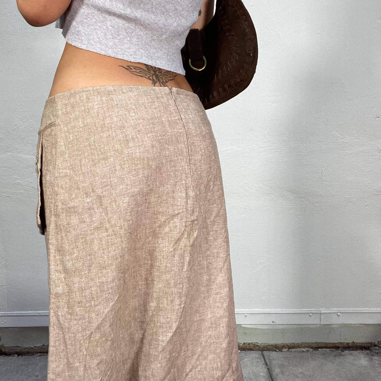 Vintage 2000's Hippie Brown Maxi Skirt with Layered Slit and Pocket Detail (M)