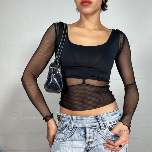 Vintage 2000's Rave Black Longsleeve Top with Fishnet Material